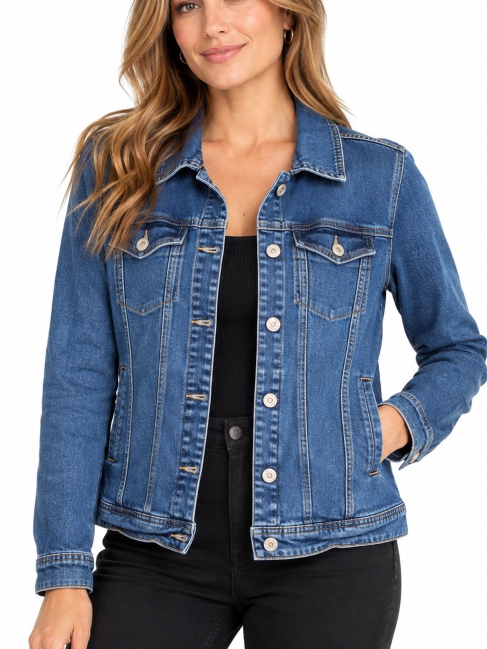 Women’s Size Large Stretch Denim Jean Jacket Medium Wash Classic Trucker